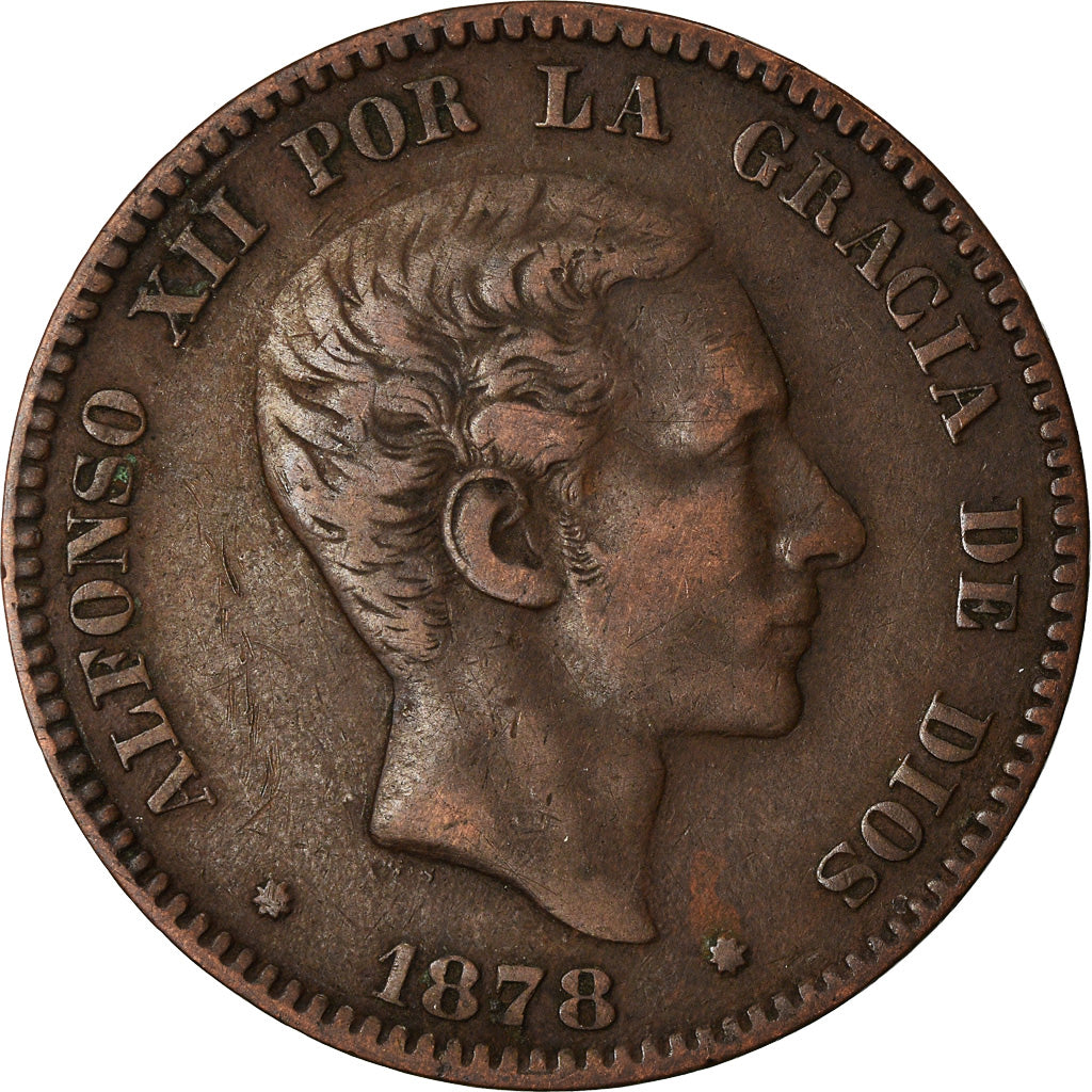 Coin, Spain, Alfonso XII, 10 Centimos, 1878, Barcelona, EF(40-45), Bronze