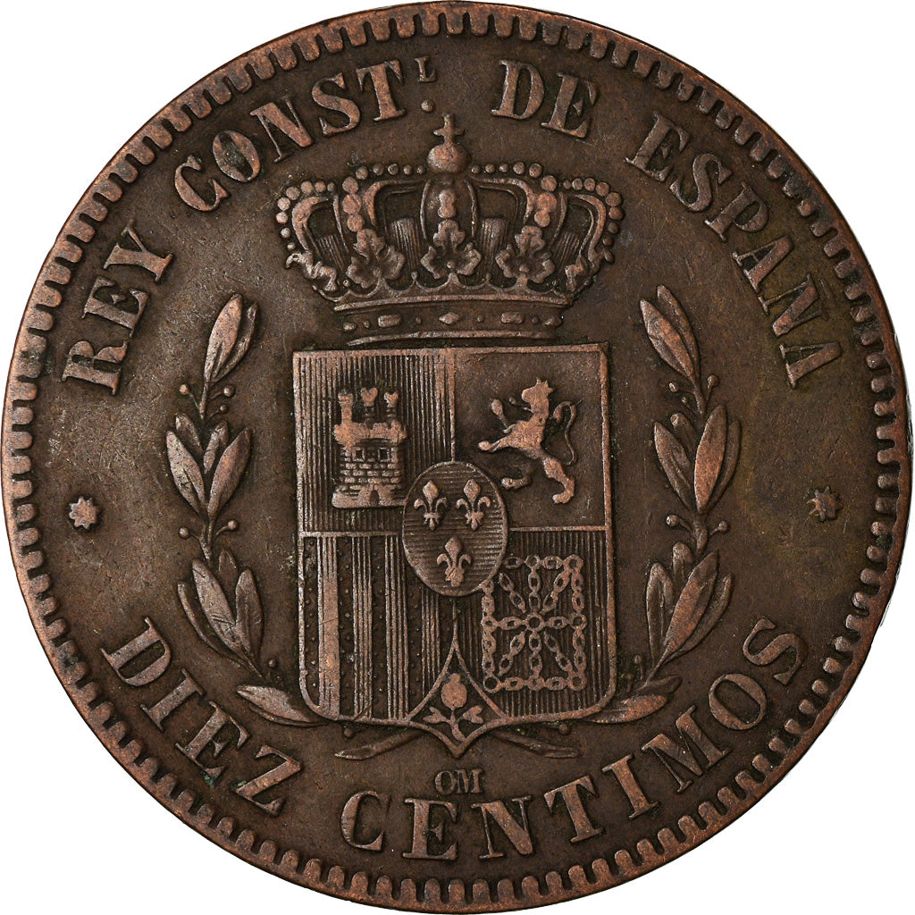 Coin, Spain, Alfonso XII, 10 Centimos, 1878, Barcelona, EF(40-45), Bronze