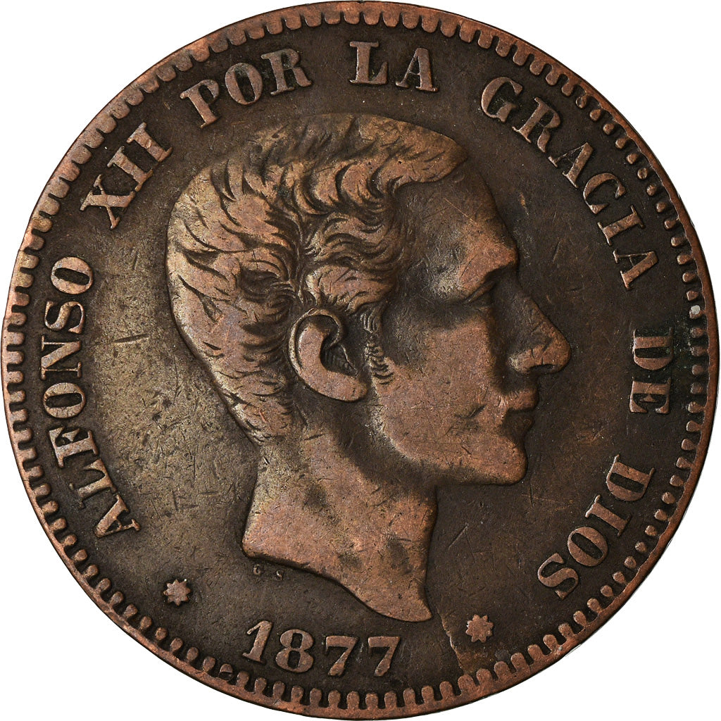 Coin, Spain, Alfonso XII, 10 Centimos, 1877, Barcelona, VF(30-35), Bronze