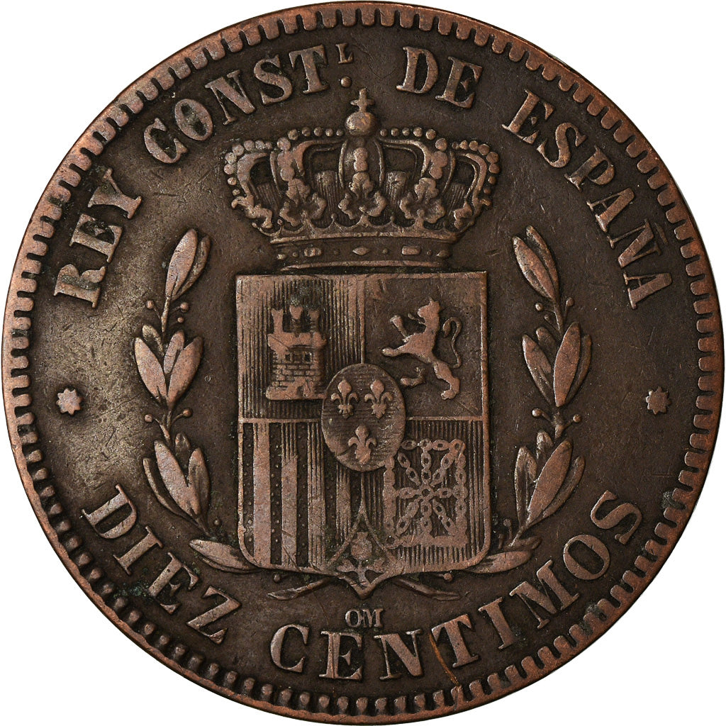 Coin, Spain, Alfonso XII, 10 Centimos, 1877, Barcelona, VF(30-35), Bronze