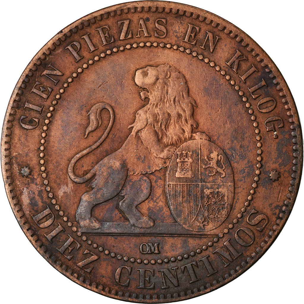 Coin, Spain, Provisional Government, 10 Centimos, 1870, Barcelona, VF(30-35)