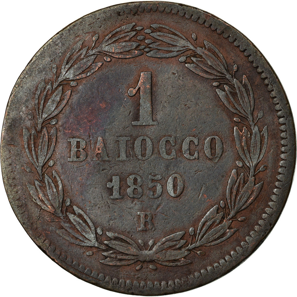 Moeda, ESTADOS ITALIANOS, PAPAL STATES, Pius IX, Baiocco, 1850, Roma, VF(20-25)