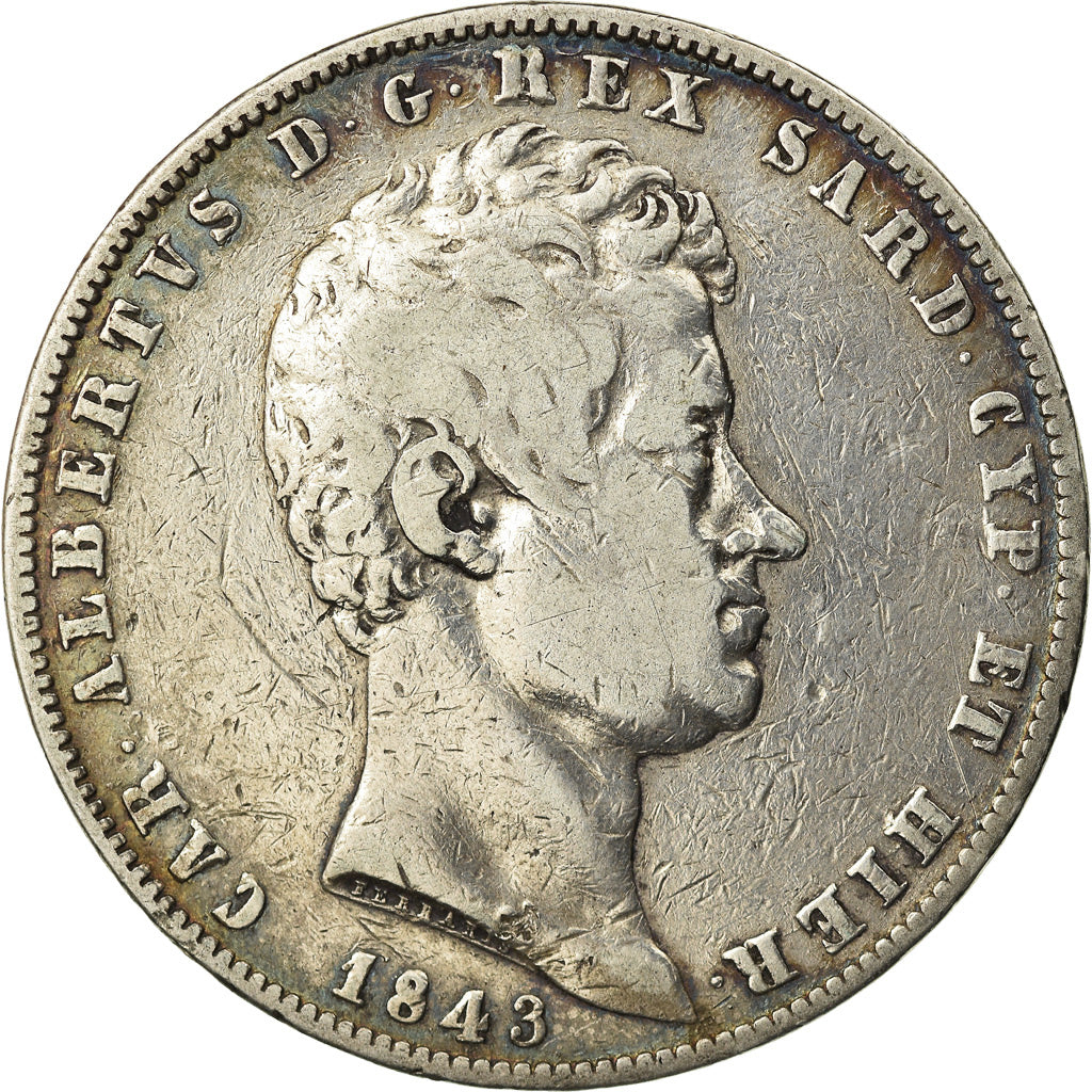 Moneda, Estados italianos, SARDINIA, Carlo Alberto, 5 Lire, 1843, Genoa, BC+