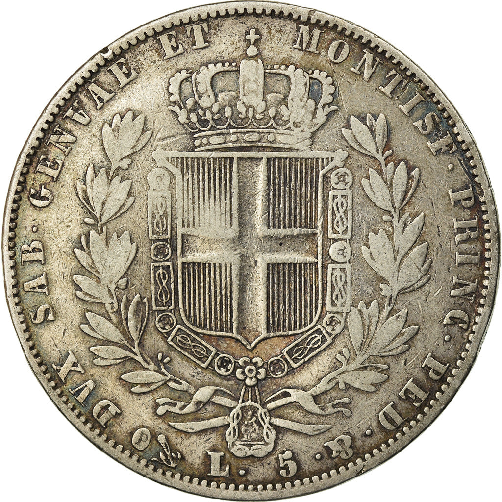 Moneda, Estados italianos, SARDINIA, Carlo Alberto, 5 Lire, 1843, Genoa, BC+
