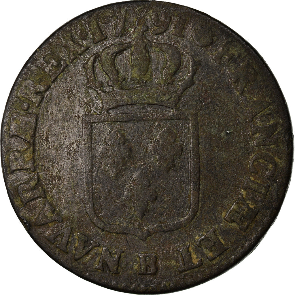 Moeda, França, Louis XVI, Sol à l'Ecu, 1791, Rouen, VF(20-25), Cobre