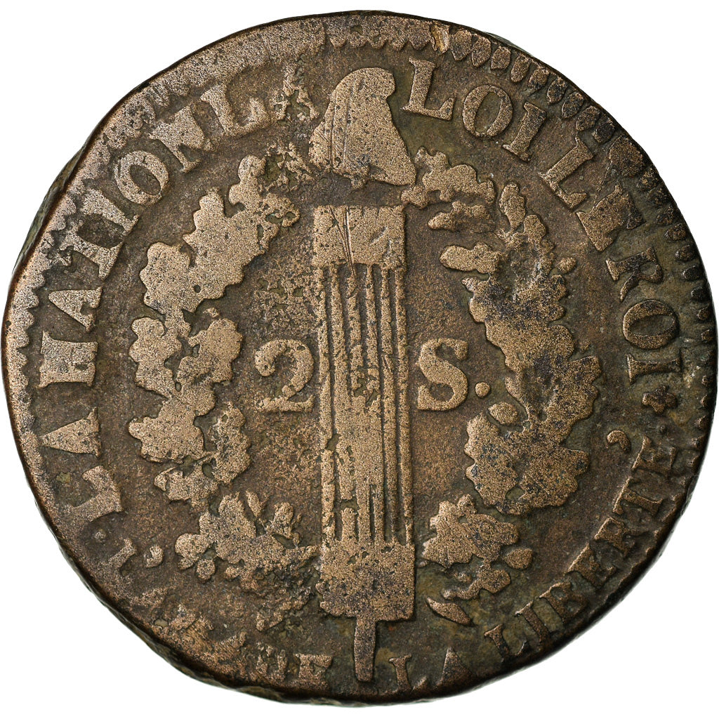 Coin, France, Louis XVI, 2 sols françois, 2 Sols, 1792, Clermont-Ferrand