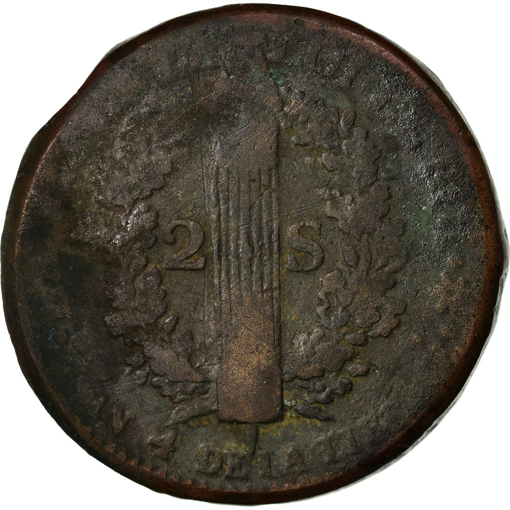 Moneda, Francia, Louis XVI, 2 sols français, 2 Sols, 1792, Strasbourg, BC