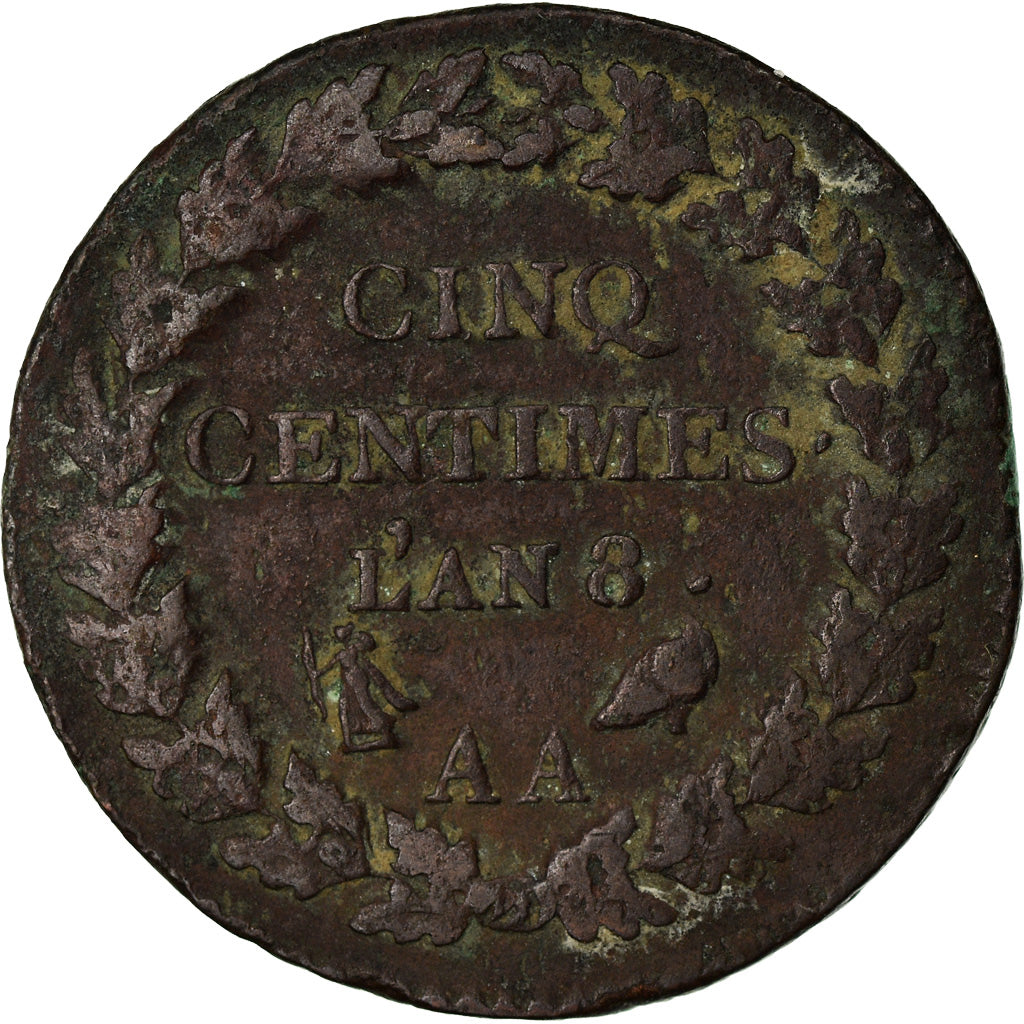 Münze, Frankreich, Dupré, 5 Centimes, AN 8, Metz, S+, Bronze, KM:640.2