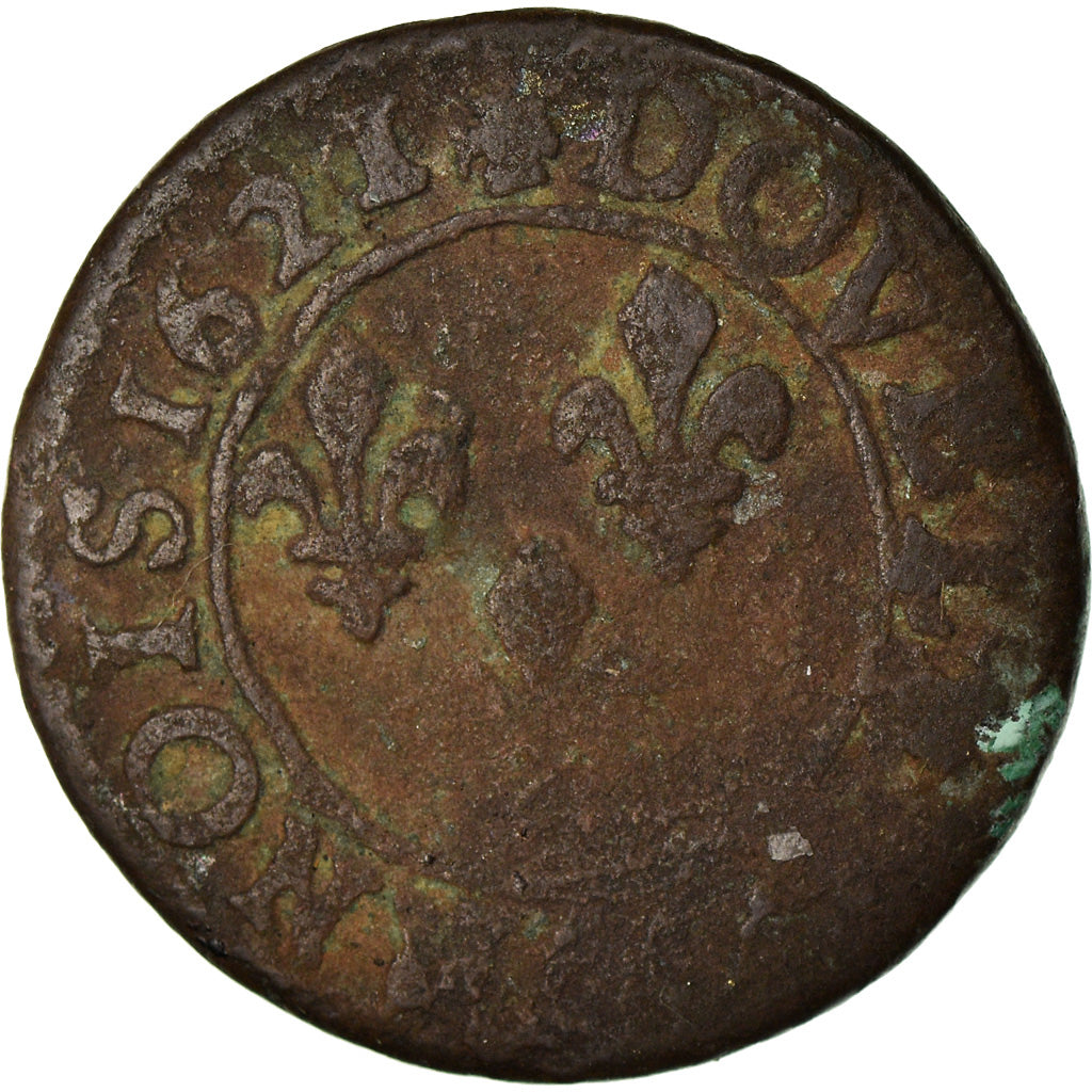 Moneda, Francia, Louis XIII, Double Tournois, 1621/20, Poitiers, BC+, Cobre