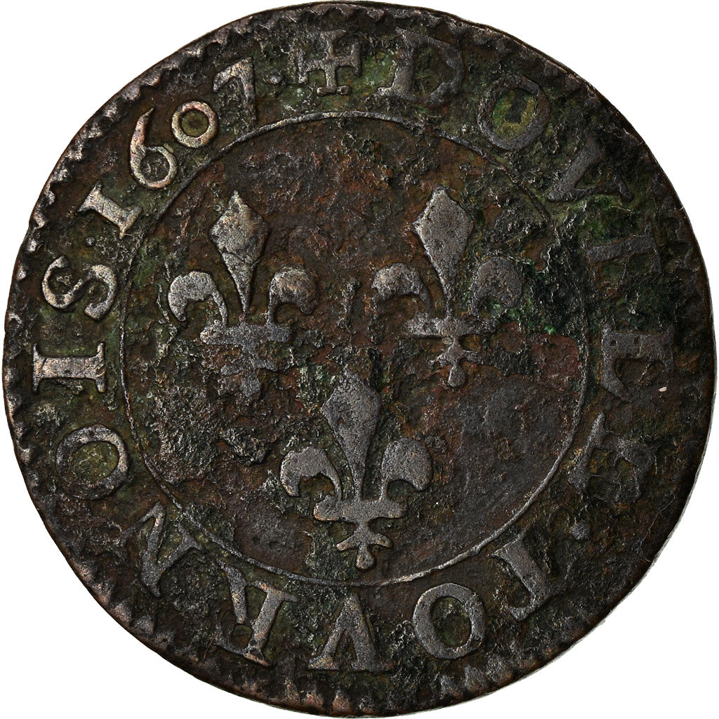 Coin, France, Henri IV, Double Tournois, 1607, Paris, VF(30-35), Copper