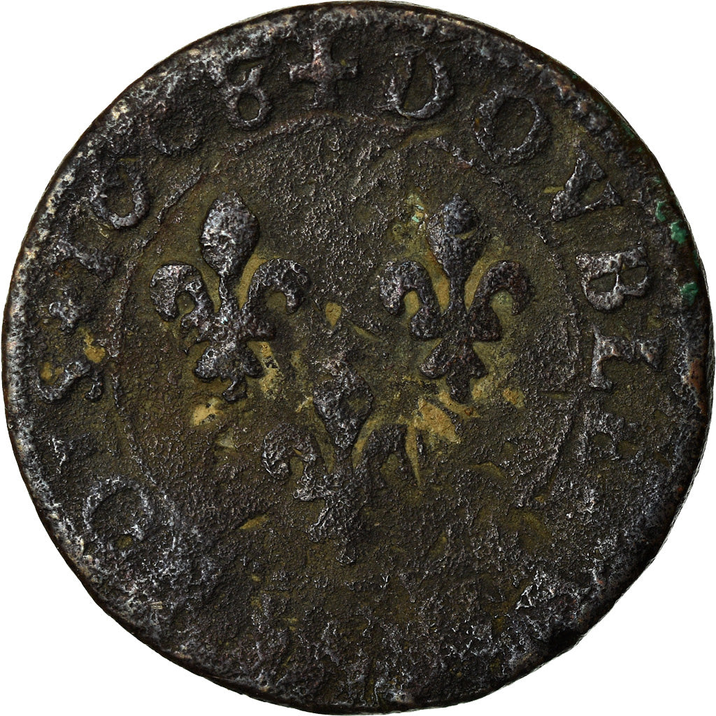 Moeda, França, Henri IV, Double Tournois, 1608, Lyon, F(12-15), Cobre