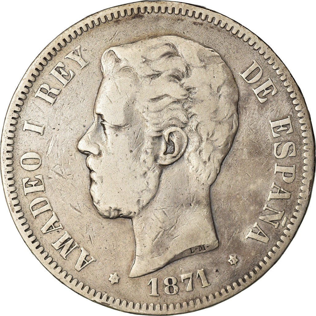 Münze, Spanien, Amadeao I, 5 Pesetas, 1871, Madrid, S, Silber, KM:666
