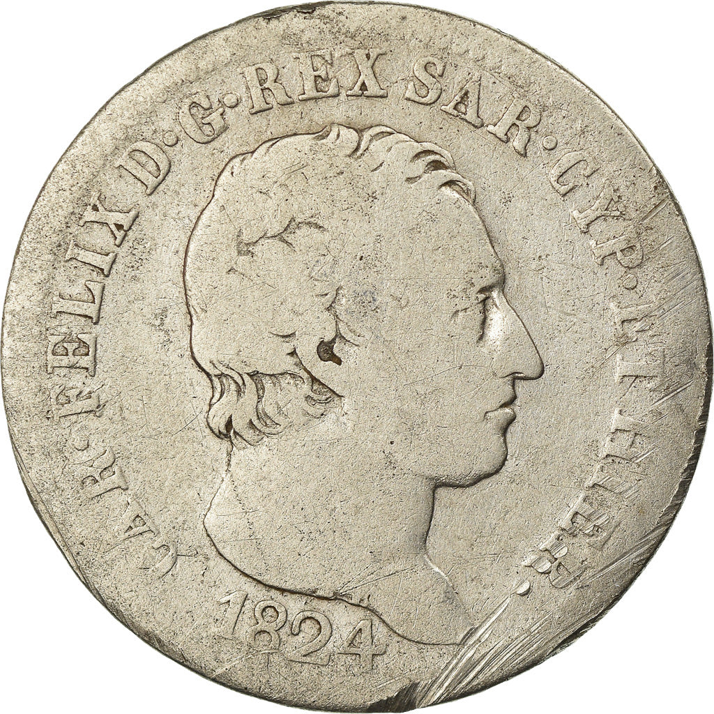 Moneda, Estados italianos, SARDINIA, Carlo Felice, Lira, 1824, Torino, BC+