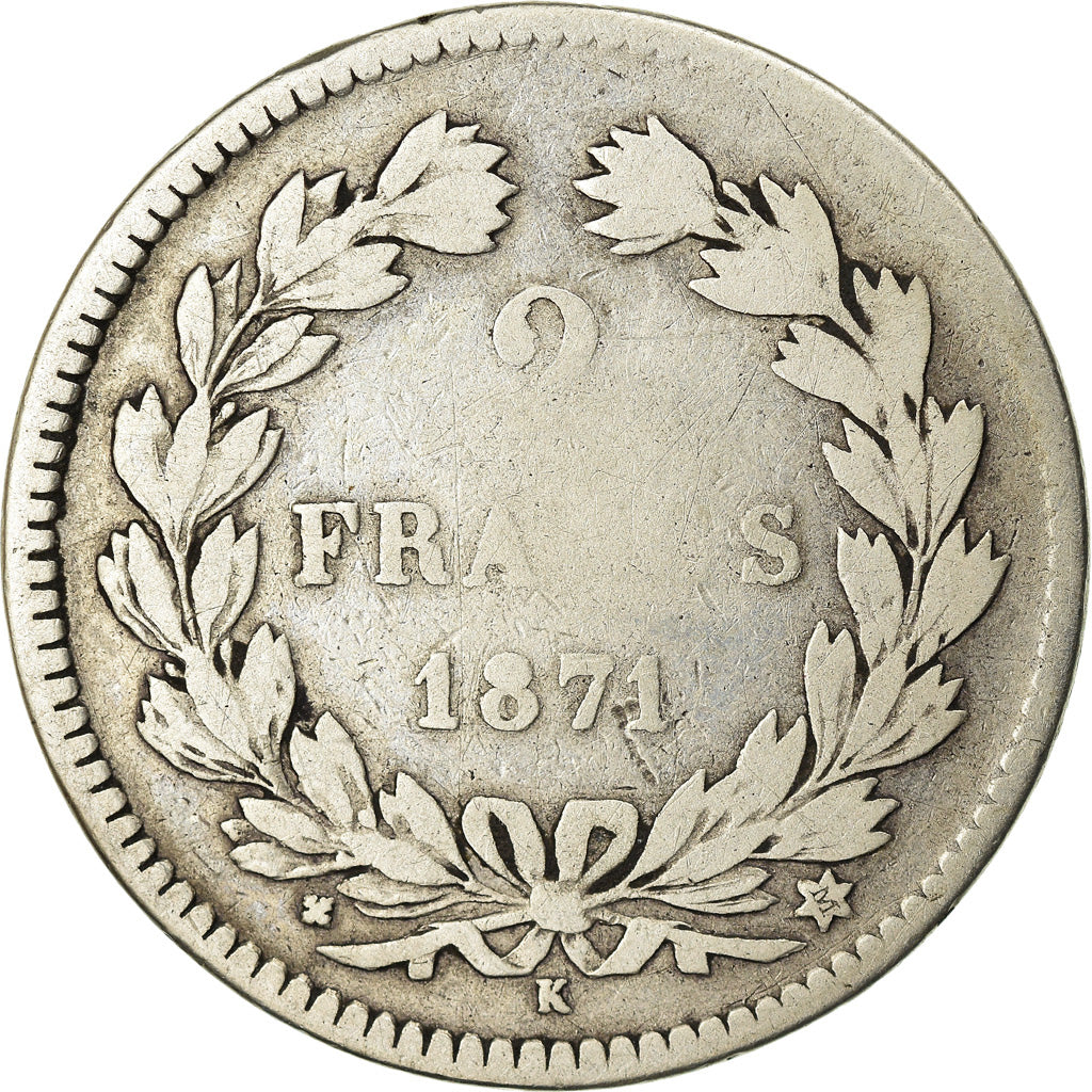 Coin, France, Cérès, 2 Francs, 1871, Bordeaux, VF(20-25), Silver, KM:816.2