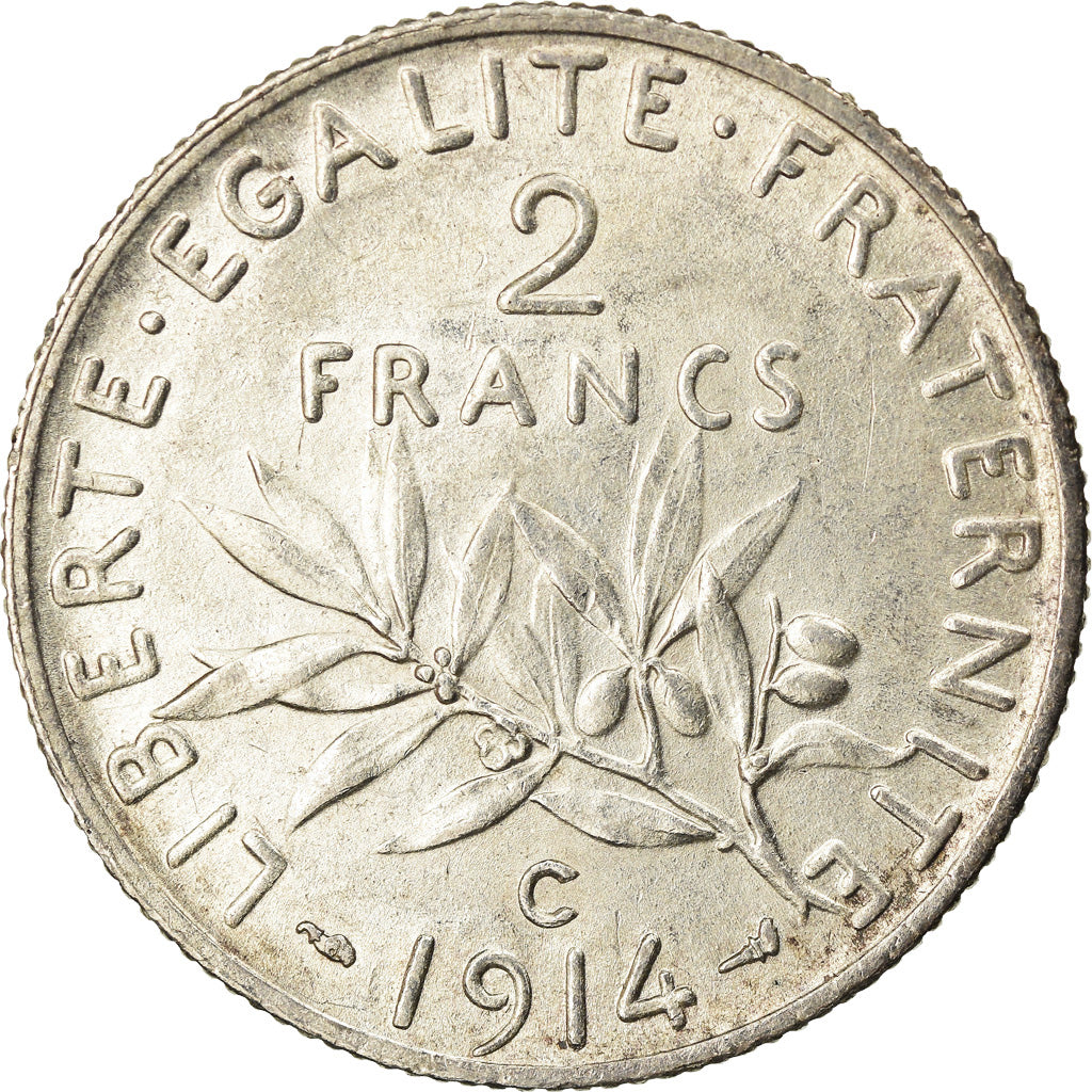 Coin, France, Semeuse, 2 Francs, 1914, Castelsarrasin, AU(55-58), Silver