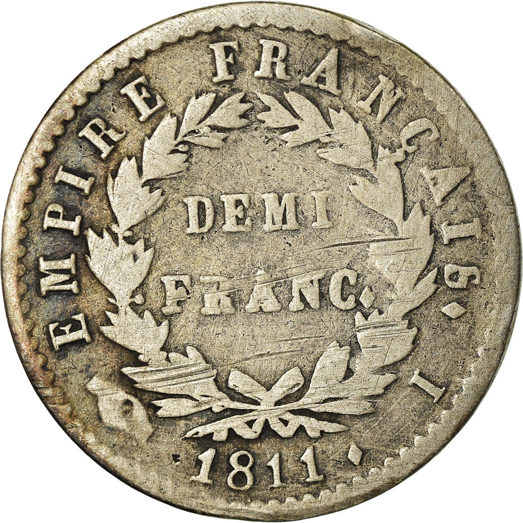 Moeda, França, Napoléon I, 1/2 Franc, 1811, Limoges, VF(20-25), Prata