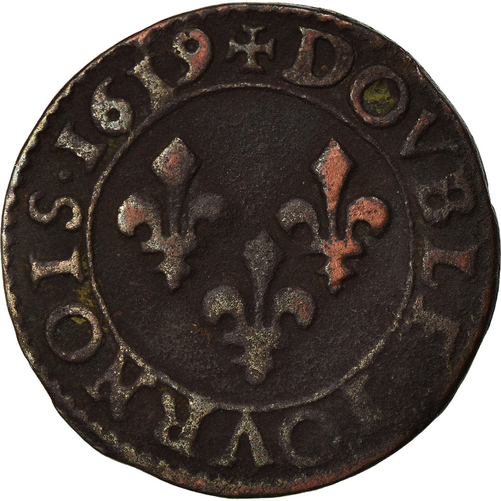 Moeda, França, Louis XIII, Double tournois, buste enfantin, Double Tournois