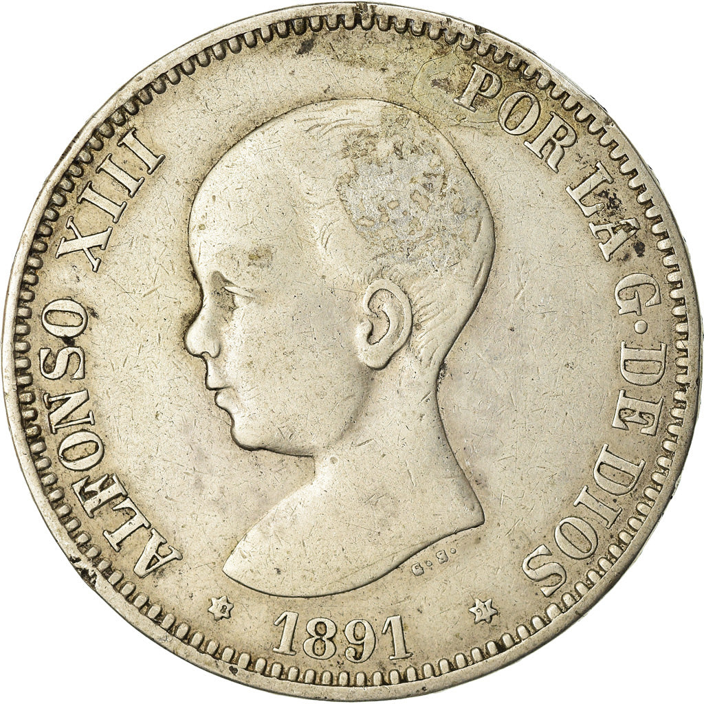 Coin, Spain, Alfonso XIII, 5 Pesetas, 1891, Madrid, VF(30-35), Silver, KM:689