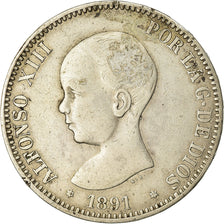 Coin, Spain, Alfonso XIII, 5 Pesetas, 1891, Madrid, VF(30-35), Silver, KM:689