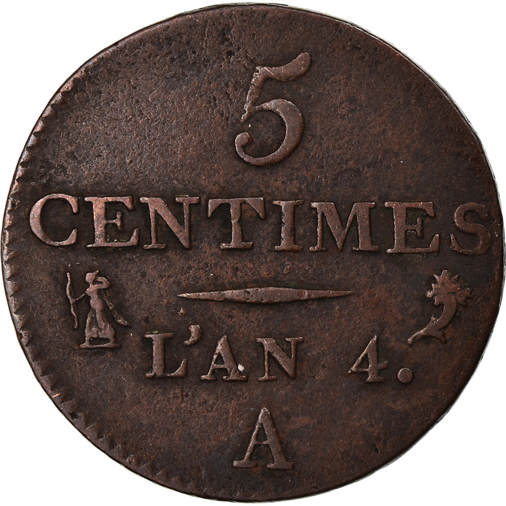 Moneta, Francja, Dupré, 5 Centimes, AN 4, Paris, EF(40-45), Bronze, KM:635.1