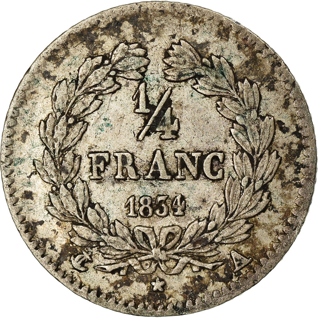 Coin, France, Louis-Philippe, 1/4 Franc, 1834, Paris, EF(40-45), Silver