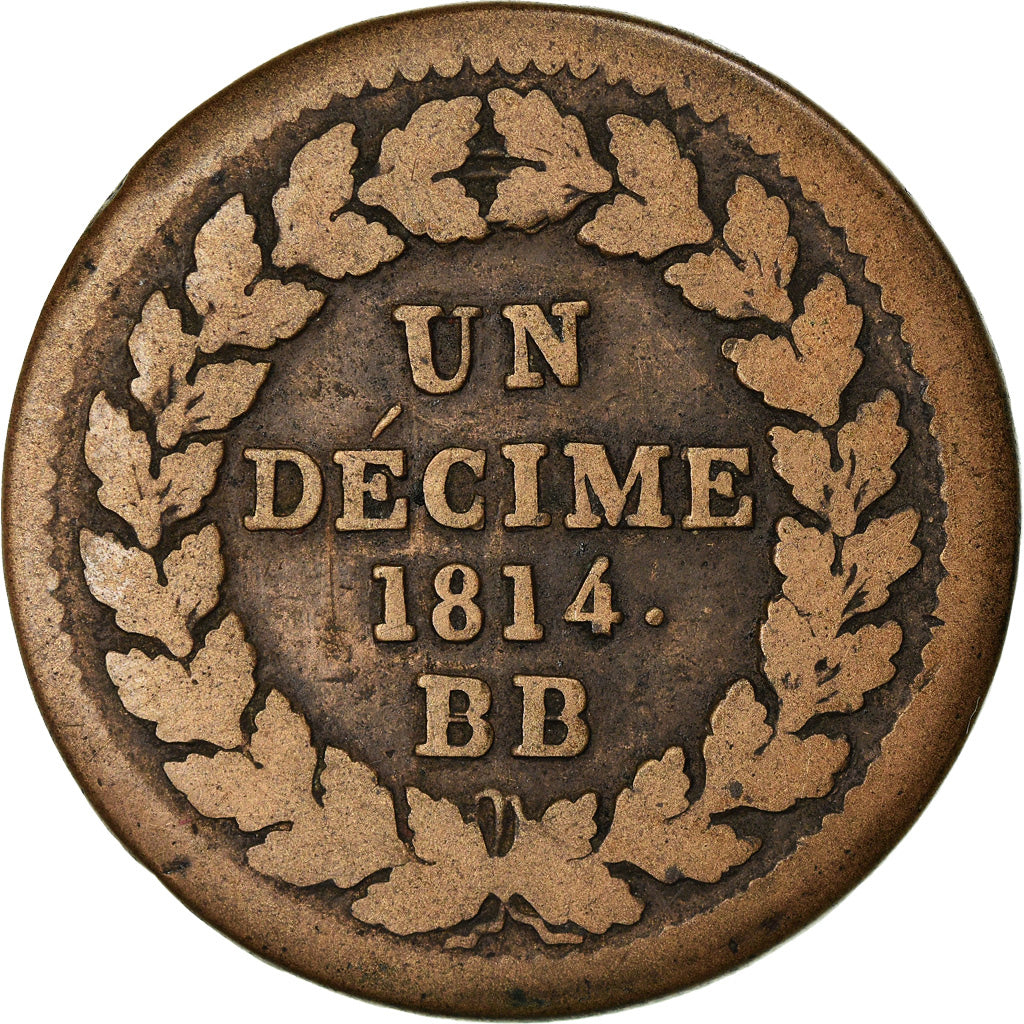 Moneda, Francia, Napoléon I, Decime, 1814, Strasbourg, Variety, BC+, Bronce