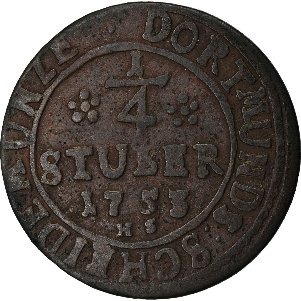 Coin, German States, DORTMUND, 1/4 Stüber, 1753, VF(30-35), Copper, KM:105