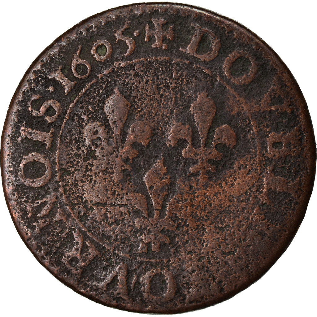 Moneta, Francia, Henri IV, Double Tournois, 1605, Paris, B+, Rame, KM:16.1