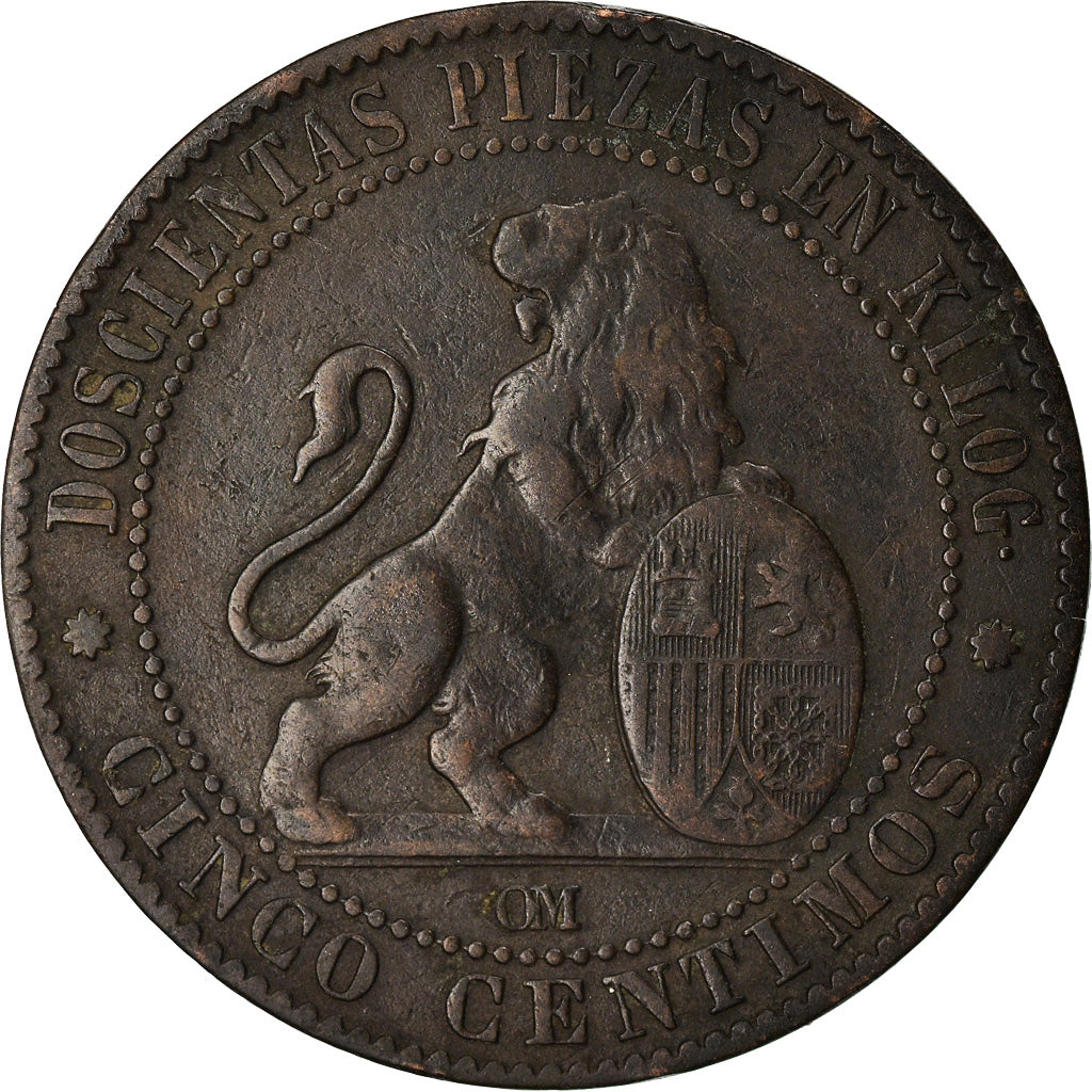 Moneda, España, Provisional Government, 5 Centimos, 1870, Barcelona, BC+