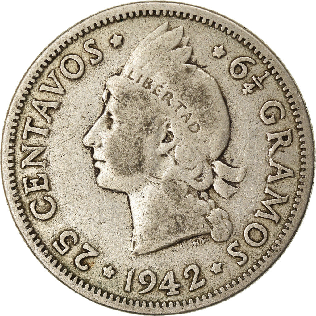 Moneda, República Dominicana, 25 Centavos, 1942, BC+, Plata, KM:20
