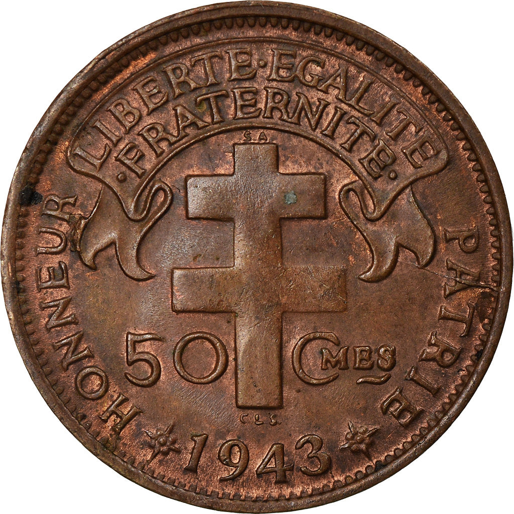 Coin, Madagascar, 50 Centimes, 1943, Pretoria, EF(40-45), Bronze, KM:1