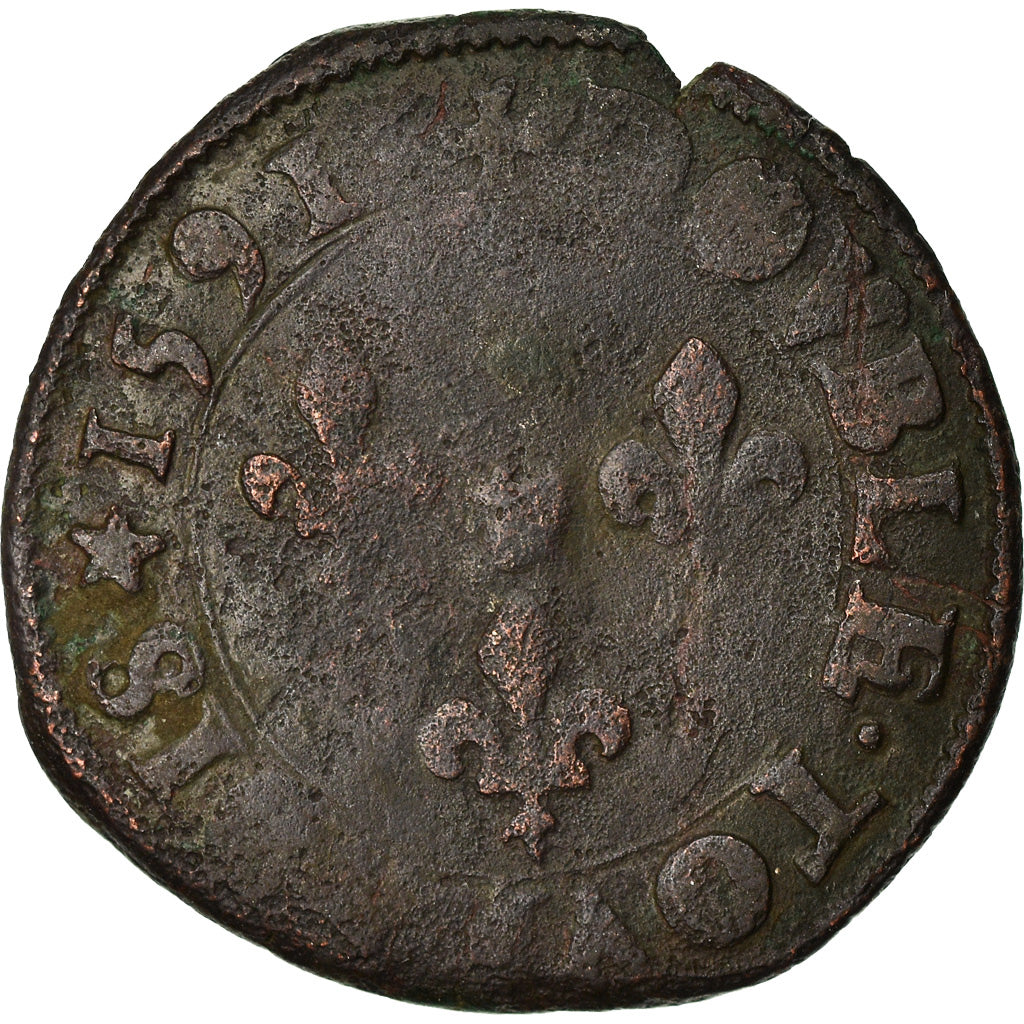 Munten, Frankrijk, Henri IV, Double Tournois, 1591, Tours, ZG+, Koper, CGKL:242