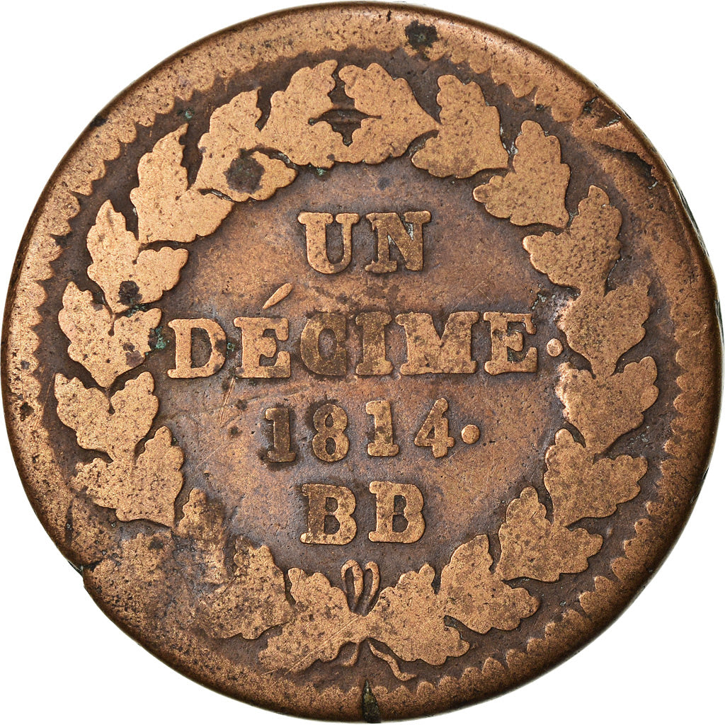 Münze, Frankreich, Louis XVIII, Decime, 1814, Strasbourg, SGE+, Bronze, KM:701