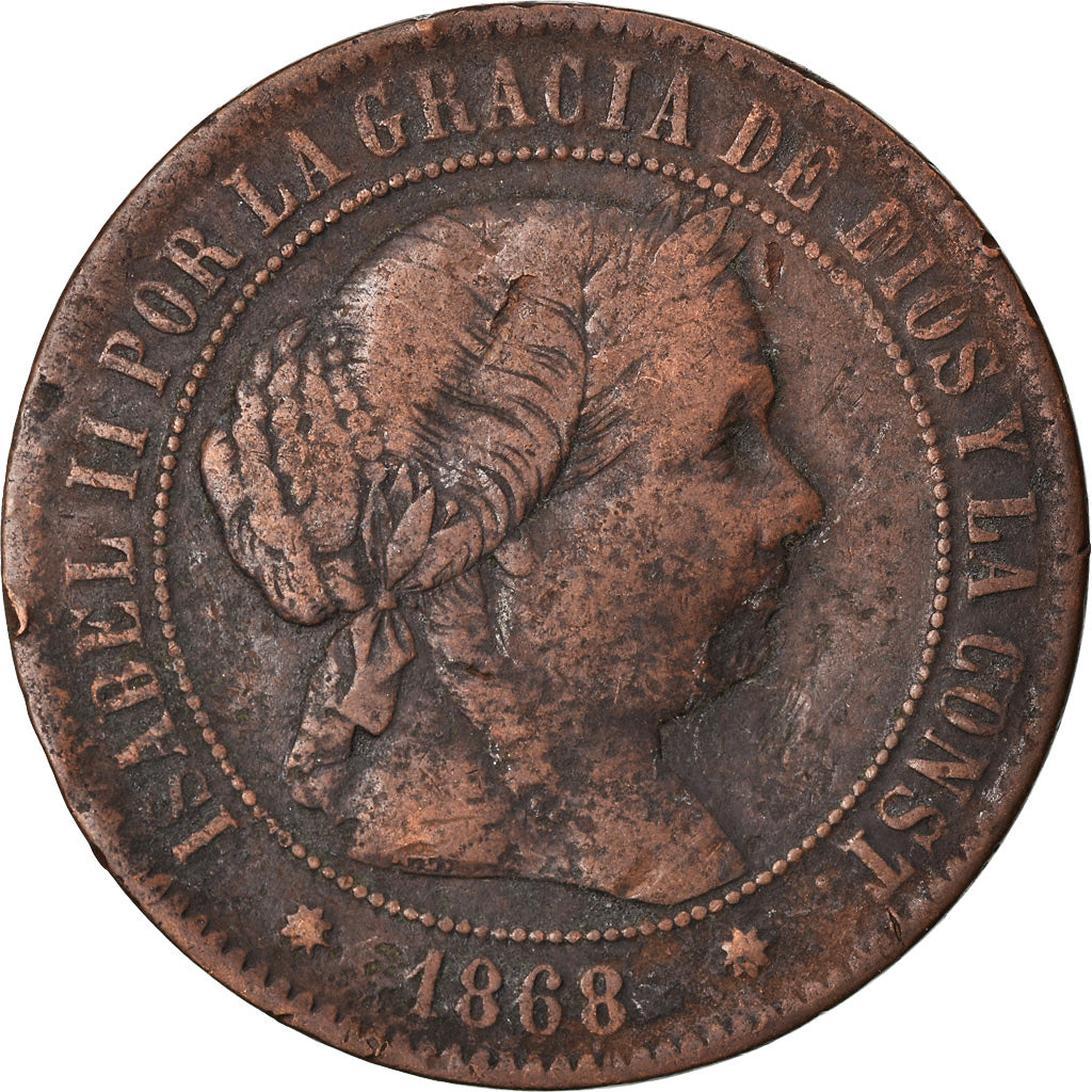 Coin, Spain, Isabel II, 5 Centimos, 1868, Barcelona, VF(20-25), Copper, KM:635.1