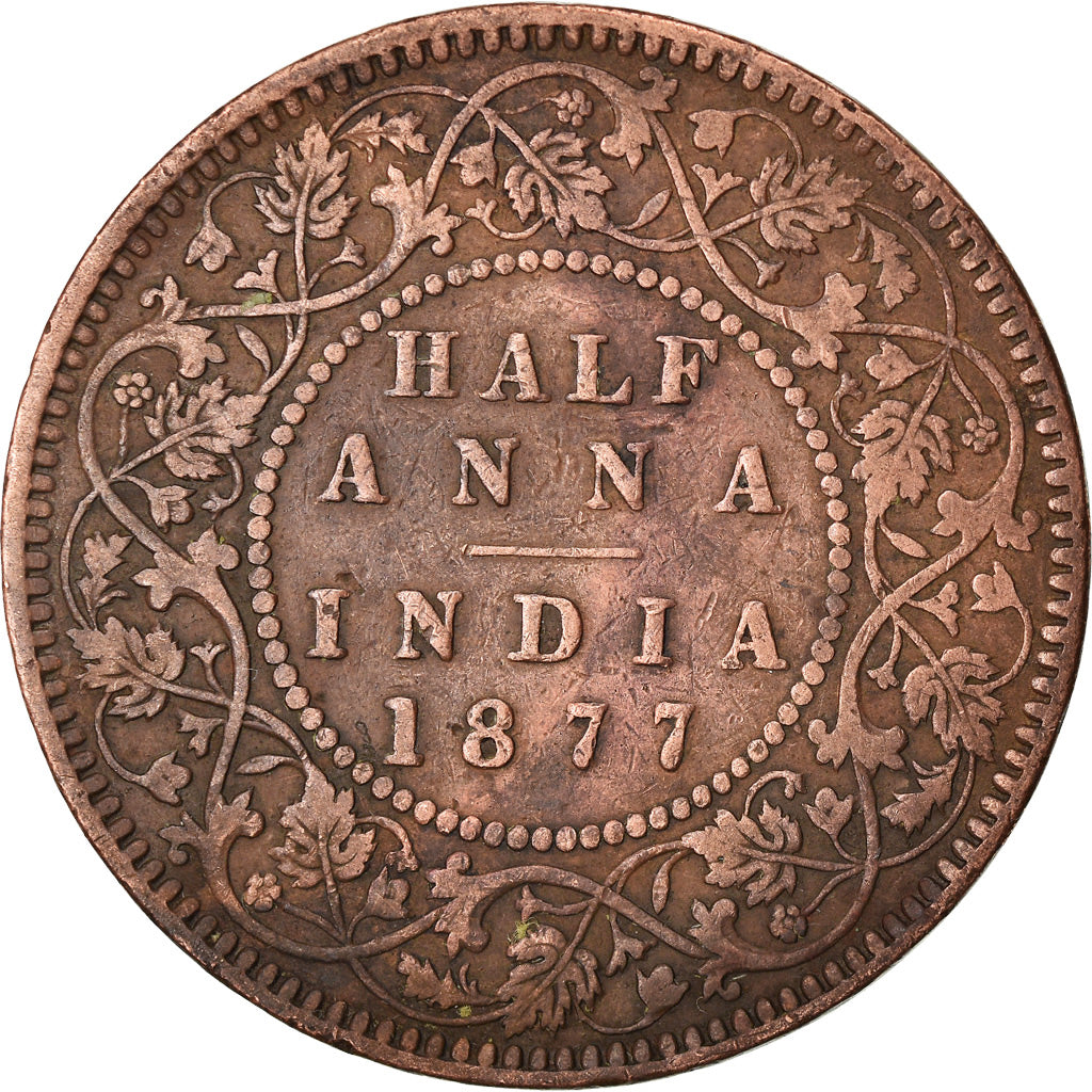 Coin, INDIA-BRITISH, Victoria, 1/2 Anna, 1877, VF(30-35), Copper, KM:487