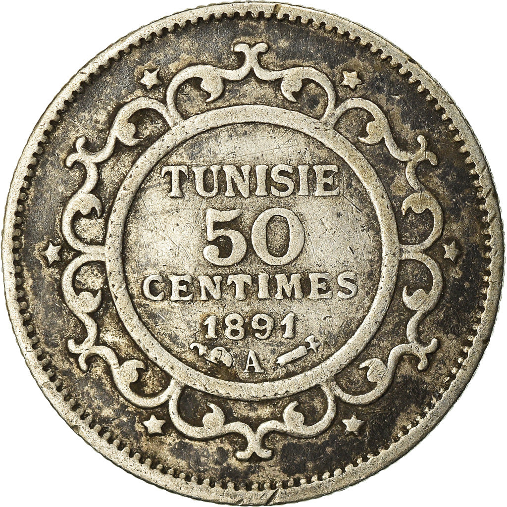 Coin, Tunisia, Ali Bey, 50 Centimes, 1891, Paris, EF(40-45), Silver, KM:223
