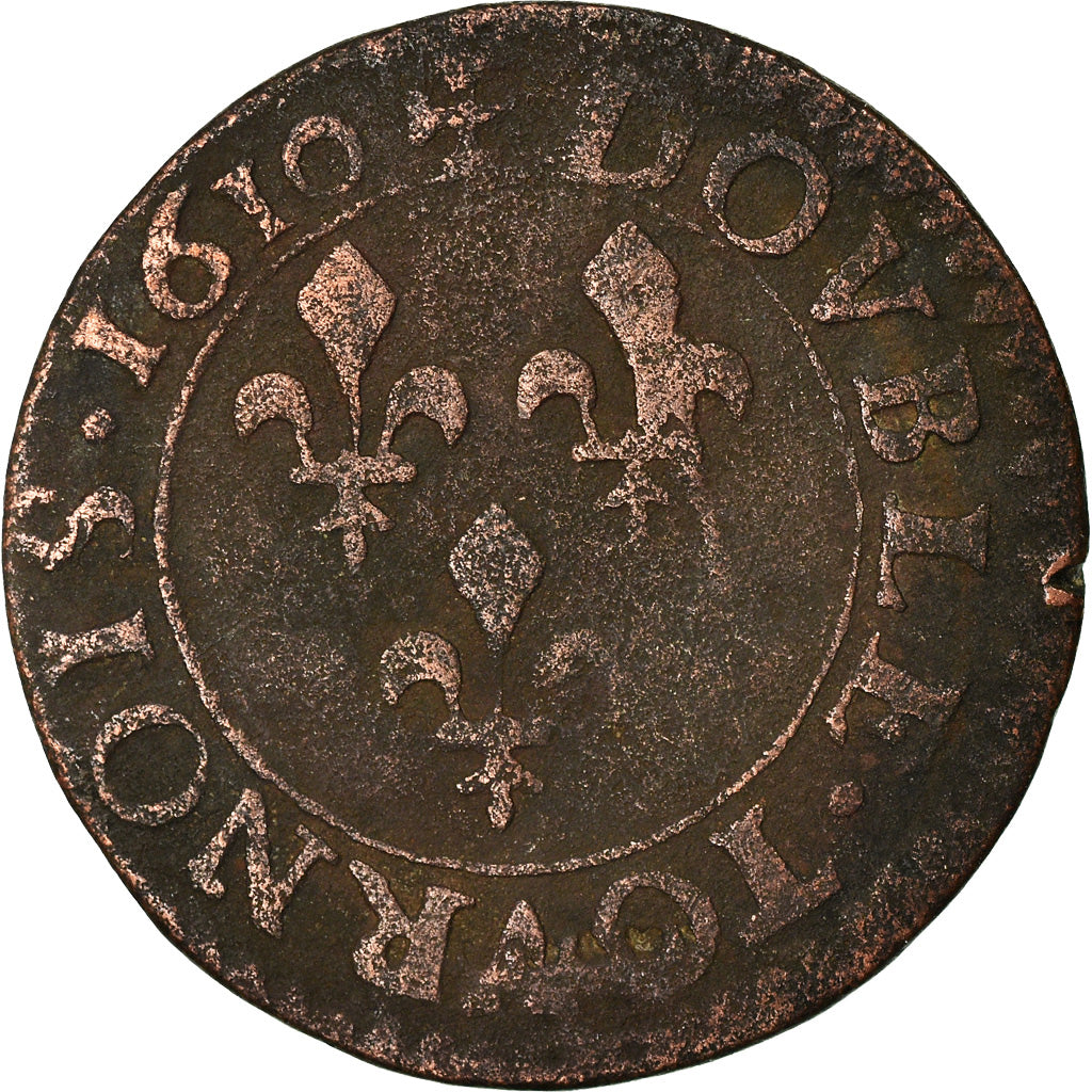 Coin, France, Henri IV, Double Tournois, 1610, Nantes, F(12-15), Copper