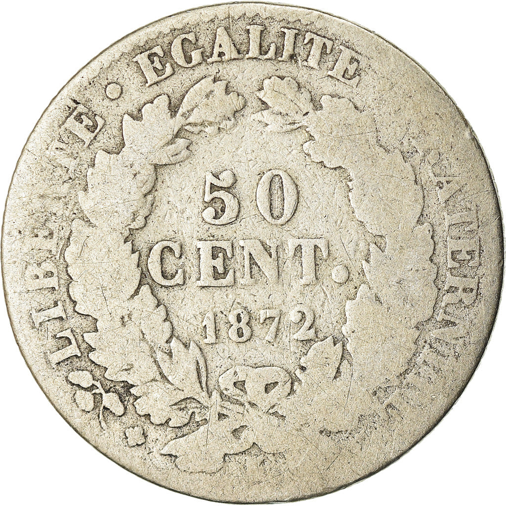 Moneta, Francia, Cérès, 50 Centimes, 1872, Bordeaux, B, Argento, KM:834.2