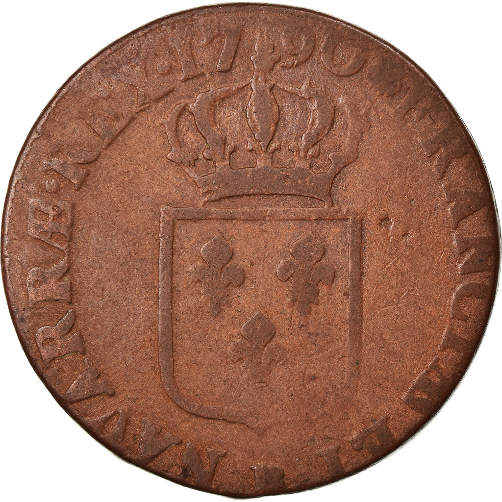 Moneda, Francia, Louis XVI, Sol à l'Ecu, 1790, Rouen, BC+, Cobre, Gadoury:350