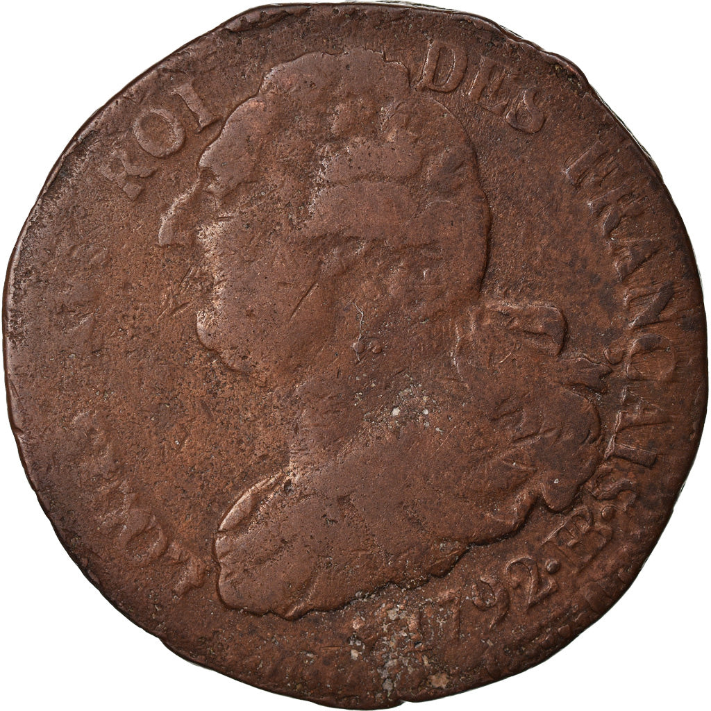Moeda, França, Louis XVI, 2 Sols, 1792, Strasbourg, VF(20-25), Bronze