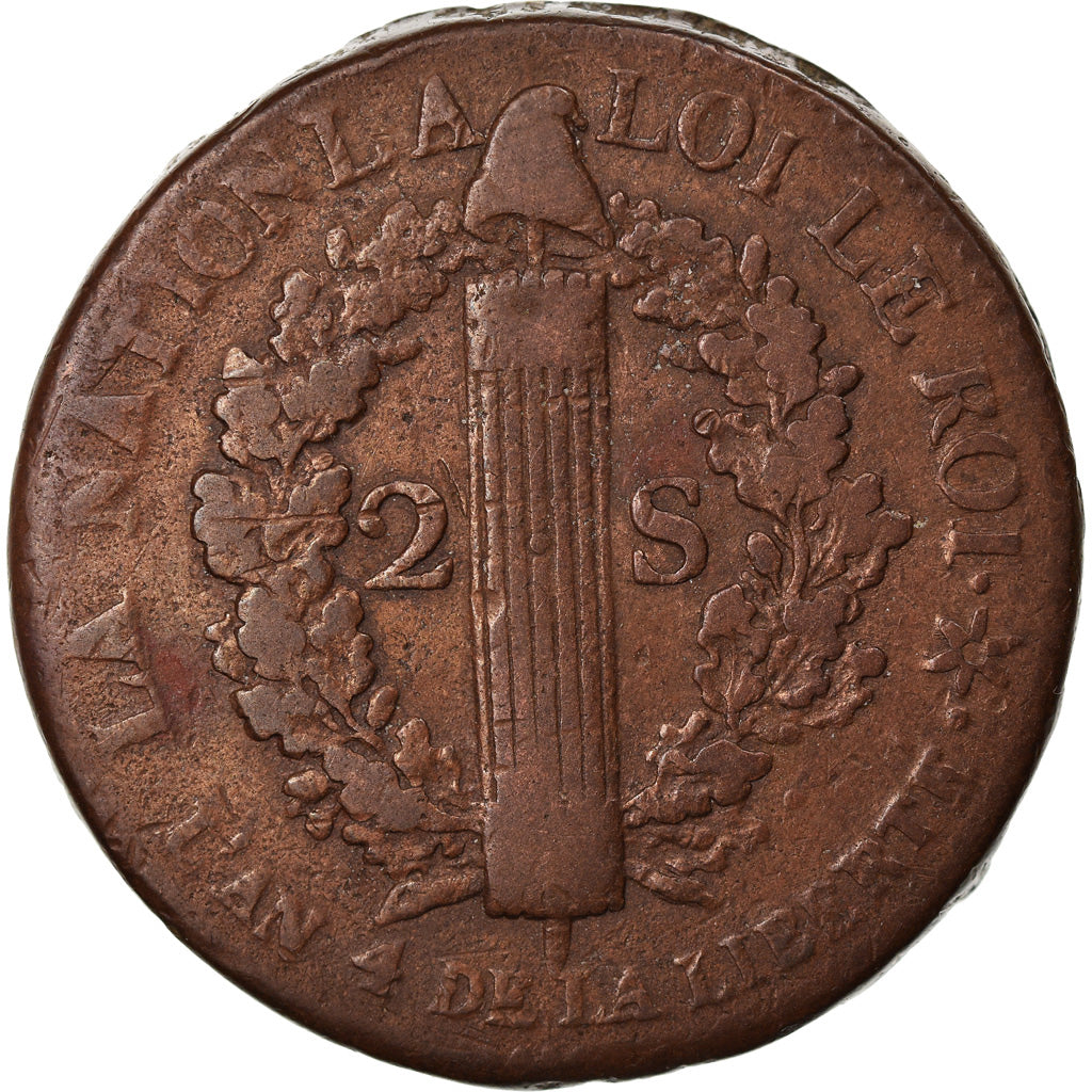 Moeda, França, Louis XVI, 2 Sols, 1792, Strasbourg, VF(20-25), Bronze