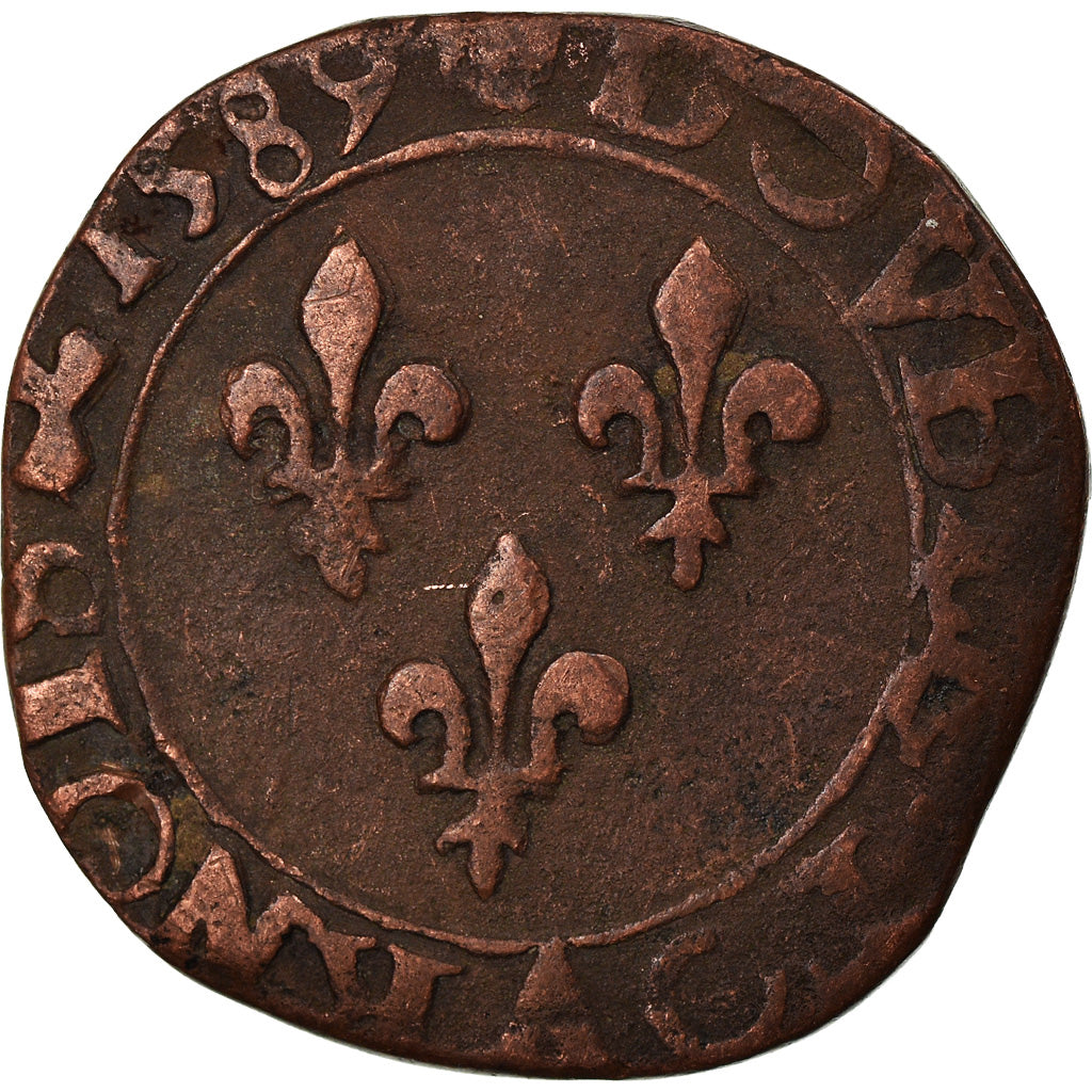 Moneda, Francia, Henri III, Double Tournois, 1589, Amiens, BC+, Cobre, CGKL:6