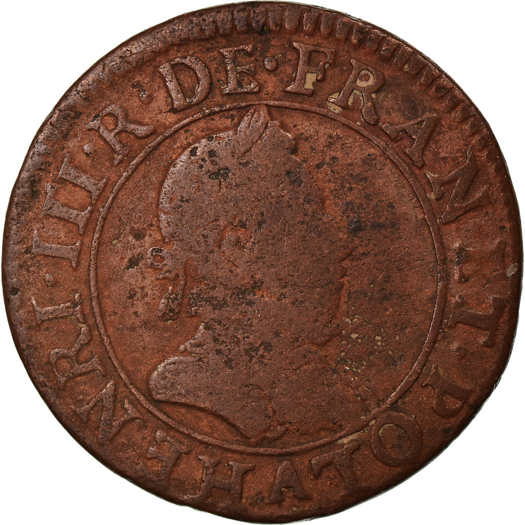 Moeda, França, Henri III, Double Tournois, 1587, Paris, F(12-15), Cobre