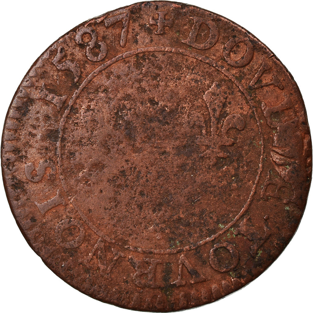 Moeda, França, Henri III, Double Tournois, 1587, Paris, F(12-15), Cobre