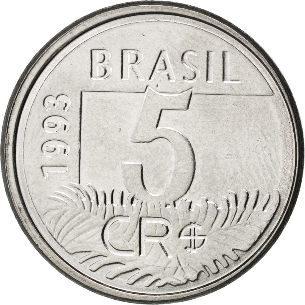BRAZIL, 5 Cruzeiros Reais, 1993, KM #627, MS(63), Stainless Steel, 21, 3.41
