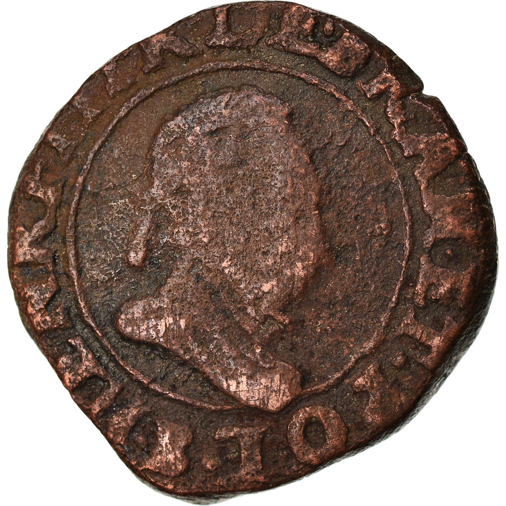 Moeda, França, Henri III, Double Tournois, 1589, Rouen, F(12-15), Cobre