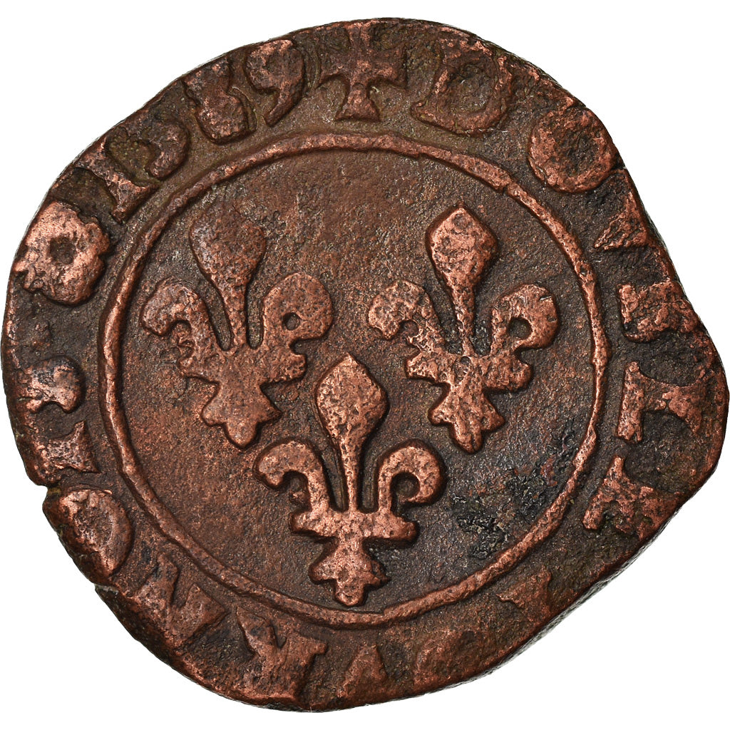 Moeda, França, Henri III, Double Tournois, 1589, Rouen, F(12-15), Cobre
