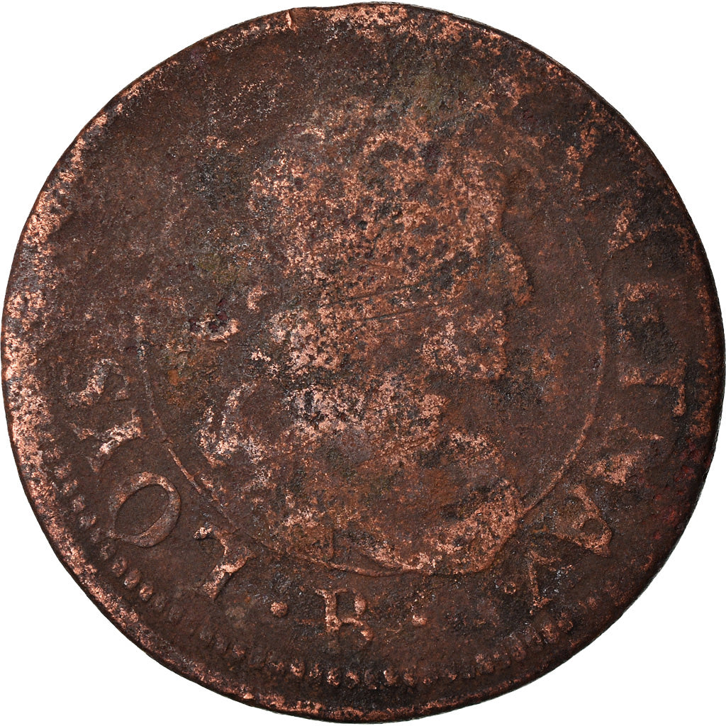 Moneta, Francia, Louis XIII, Double tournois, buste laurée et drapé, Double
