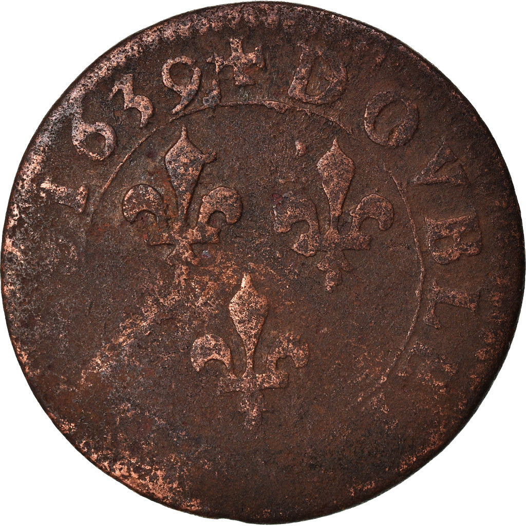 Moneta, Francia, Louis XIII, Double tournois, buste laurée et drapé, Double