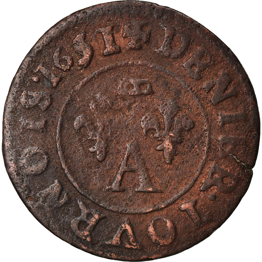 Moneta, Francja, DOMBES, Gaston d'Orléans, Denier Tournois, 1651, Trévoux